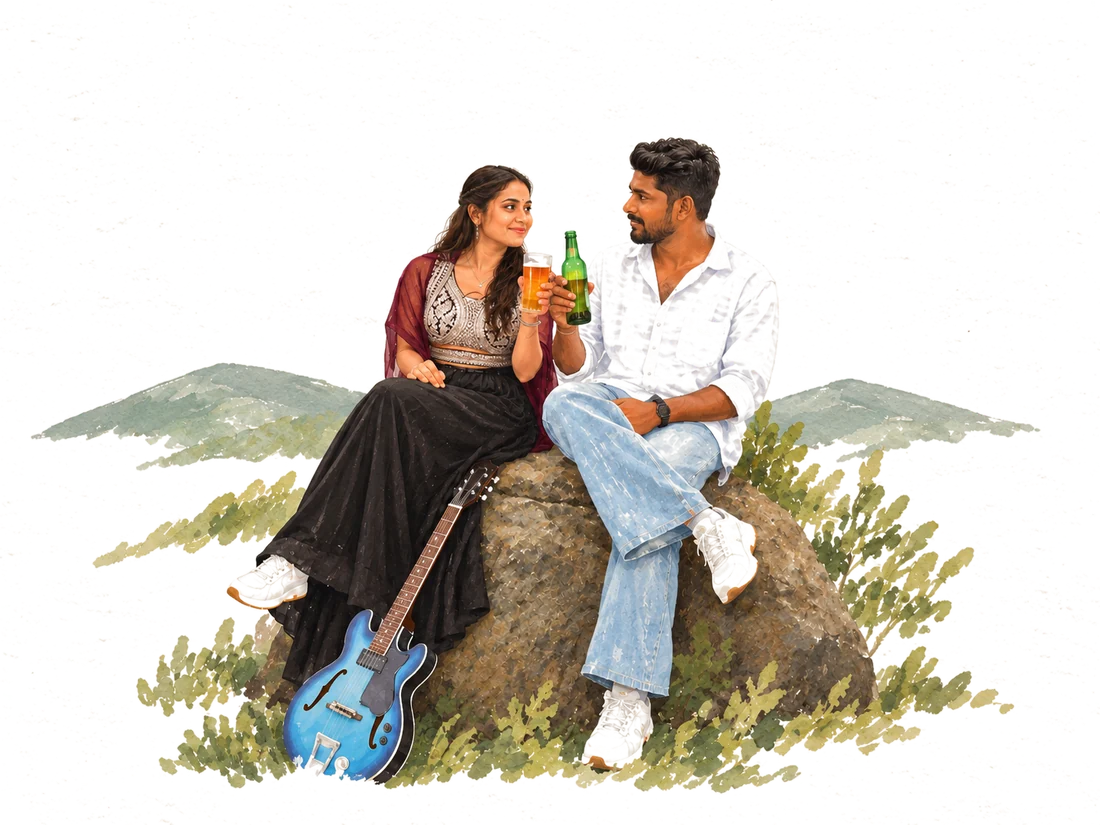 Mukunda and Preethi sitting on a rock on a hillside, raising a toast, with a blue guitar beside them