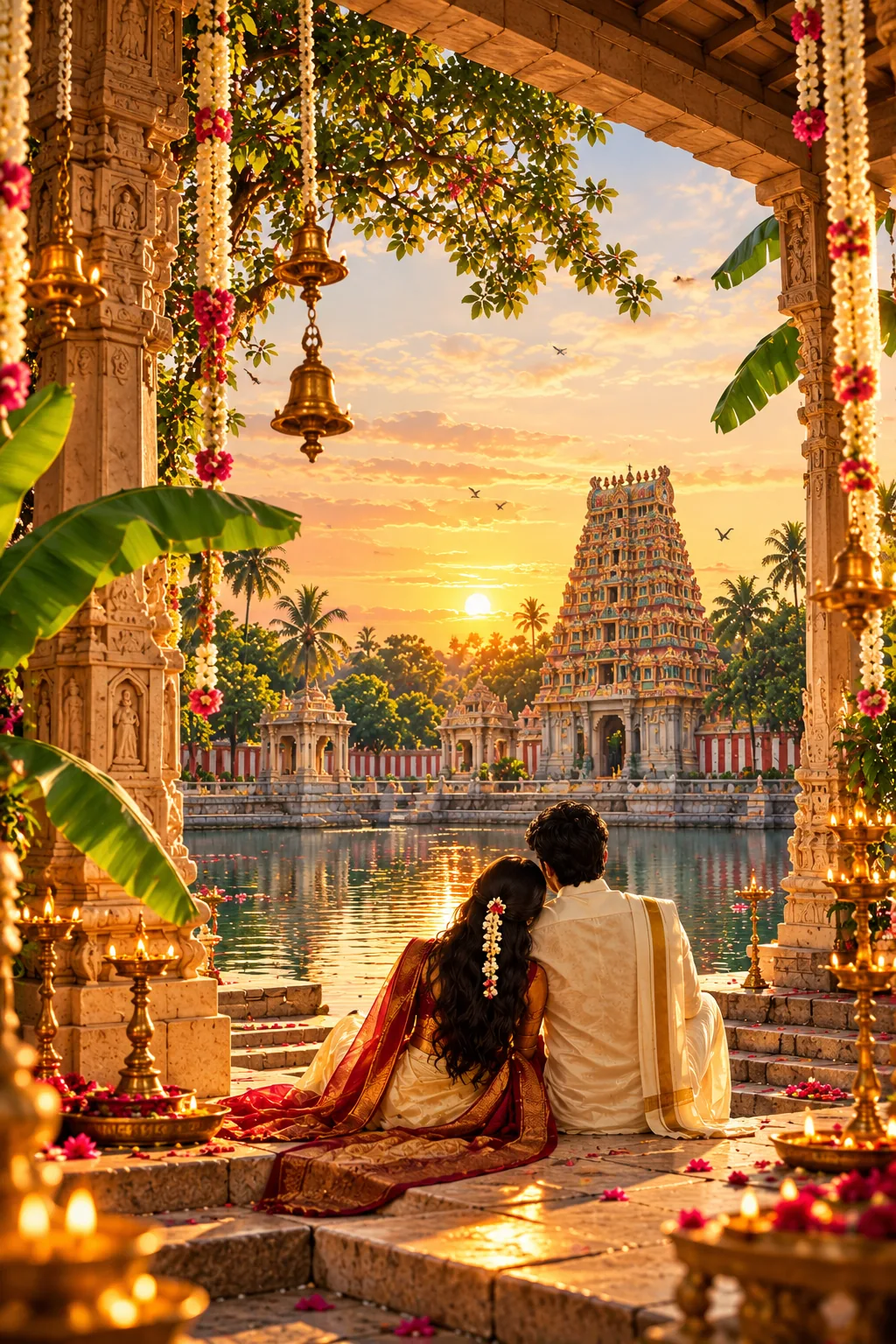 Mukunda and Preethi at the temple tank at sunset